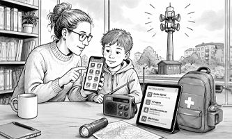 AI-genererad illustration med en kvinna och en pojke som tittar på appar i en mobiltelefon. 