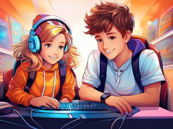 Ai-genererad illustration. En tjej och en kille med gaminglurar. De sitter vid ett tangentbord. 