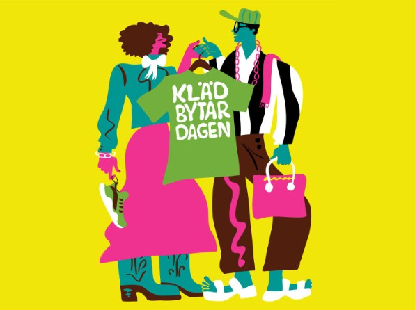 Illustration. En man och en kvinna byter kläder. 
