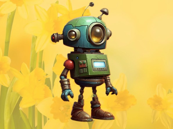 Illustration. En robot mot en gul bakgrund med påskliljor. 