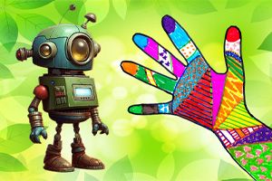 Illustration. Robot och en hand i collageteknik mot grön bakgrund. 