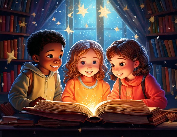 AI-genererad illustration. Tre barn läser i en bok i ett nattligt bibliotek. 