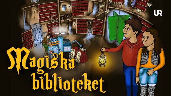 Illustration. En pojke och en flicka med en lykta i ett bibliotek. 