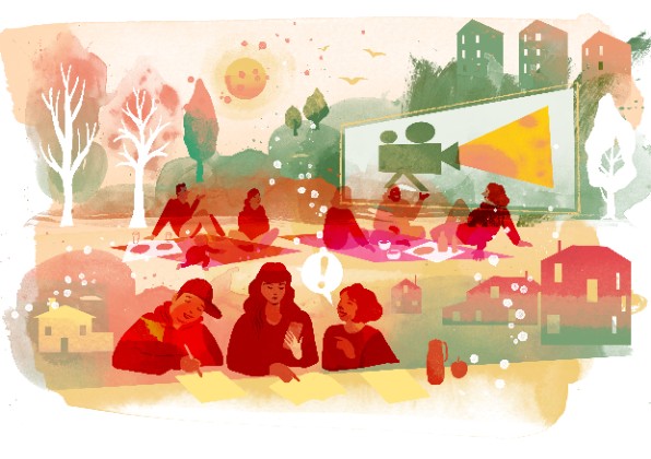 Illustration. Människor på picknick, människor som skriver, hus, filmkamera. 