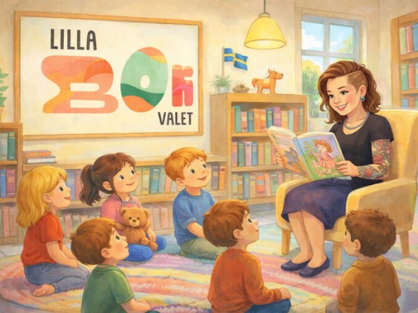 AI-genererad illustration. En bibliotekarie läser för ett antal barn i ett bibliotek. 
