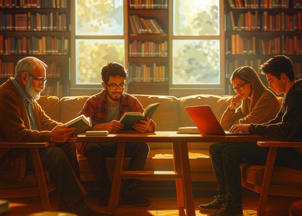 Ai-genererad illustration. En grupp människor läser tillsammans på et bibliotek. 