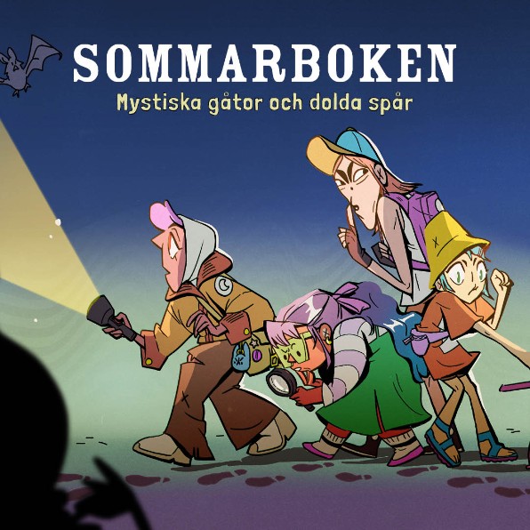 Figurerna från Sommarboken letar ledtrådar med ficklampa. Illustration: Sommarboken. 
